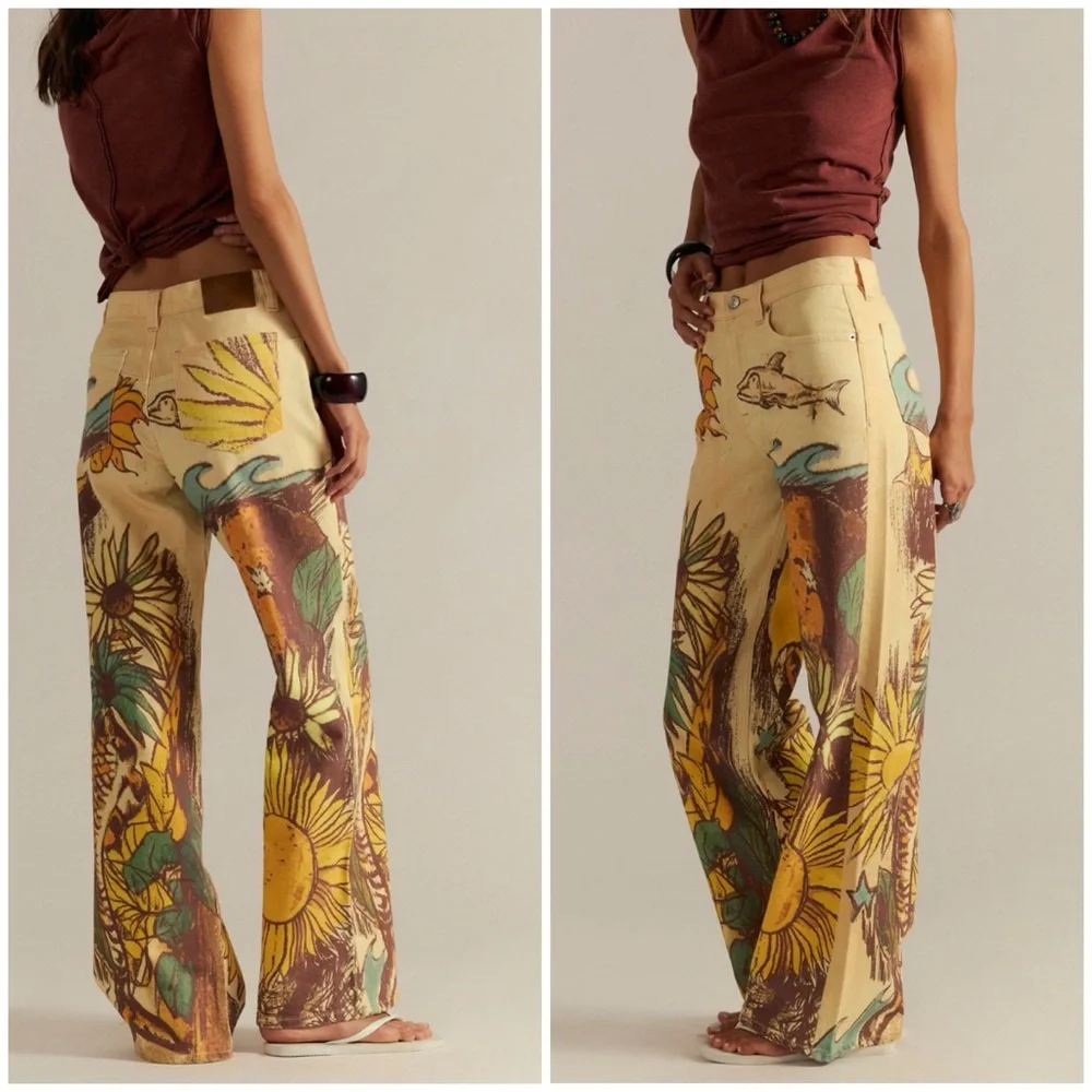 NWT Free People We The Free Tinsley Printed Jeans - beach scene yellow - 25